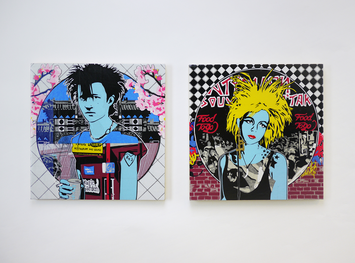 The image shows two paintings on a white wall. The paintings are both in a similar style, with bright colors and bold lines. The painting on the left depicts a young man with black hair, wearing a blue shirt and a necklace. He is holding a cup of coffee in his hand. The background of the painting is a collage of different images, including a building with a sign that says "Magic Garden" and a phone booth. The painting on the right depicts a young woman with yellow hair, wearing a black top and a necklace. Her hair is styled in a punk-rock fashion. The background of the painting is also a collage of different images, including a red brick wall and a sign that says "Food Togo." The paintings are both very colorful and vibrant.